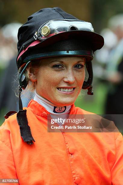 The jockey Katharina Daniela Werning looks on prior the International Race Day at Iffezheim Race Track on September 7, 2008 in Baden-Baden, Germany