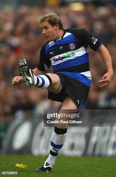 Butch James of Bath kicks a penalty during the Guinness Premiership match between Bristol and Bath at the Memorial Stadium on September 7, 2008 in...