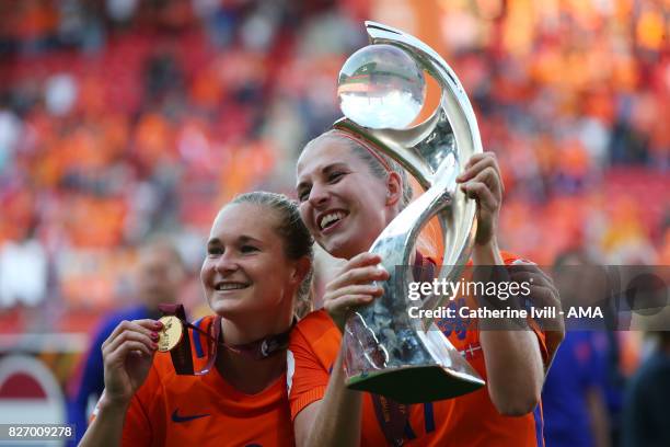 Desiree van Lunteren and Kelly Zeeman of Netherlands Women celebrate with the trophy the UEFA Women's Euro 2017 final match between Denmark and...