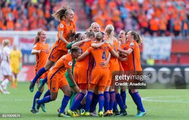 Players of Netherlands celebrate after scoring a goal during the final match of the UEFA Women's Euro 2017 between Netherlands and Denmark at FC...
