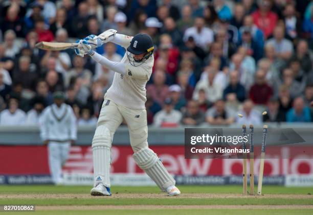 Stuart Broad of England gets bowled by Morne Morkel during the second day of the fourth test between England and South Africa at Old Trafford on...