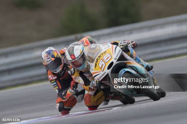 Juanfran Guevara of Spain and RBA BOE Racing Team leads the field during the Moto3 race during the MotoGp of Czech Republic - Race at Brno Circuit on...