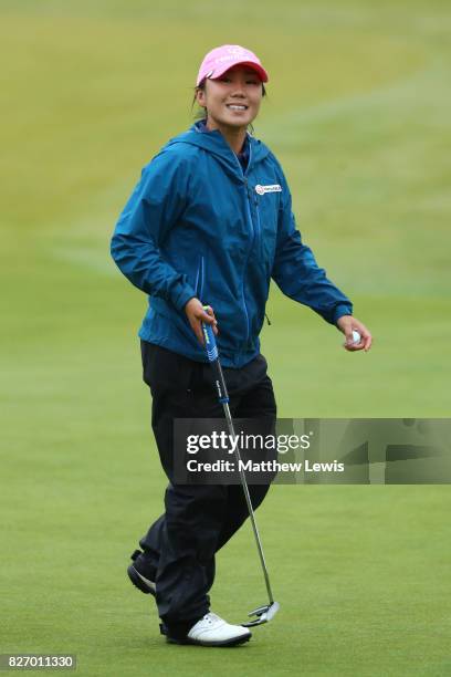 In-Kyung Kim of Korea reacts on the 13th green during the final round of the Ricoh Women's British Open at Kingsbarns Golf Links on August 6, 2017 in...