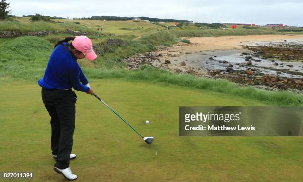 In-Kyung Kim of Korea tees off on the 15th hole during the final round of the Ricoh Women's British Open at Kingsbarns Golf Links on August 6, 2017...