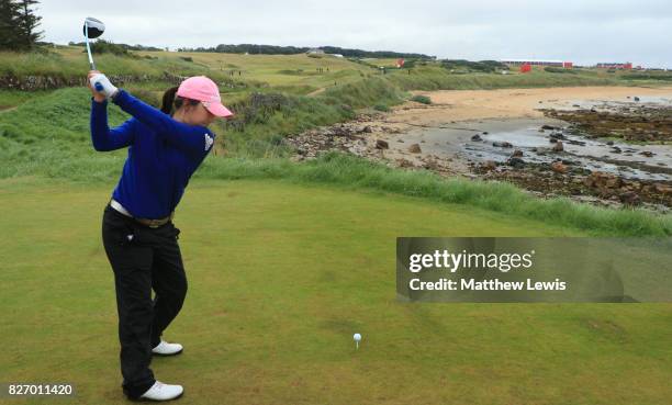 In-Kyung Kim of Korea tees off on the 15th hole during the final round of the Ricoh Women's British Open at Kingsbarns Golf Links on August 6, 2017...