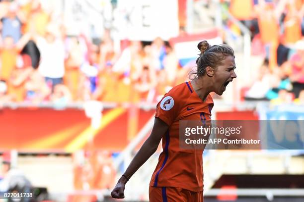 Netherlands' forward Vivianne Miedema celebrates after scoring a goal during the UEFA Womens Euro 2017 football tournament final match between...