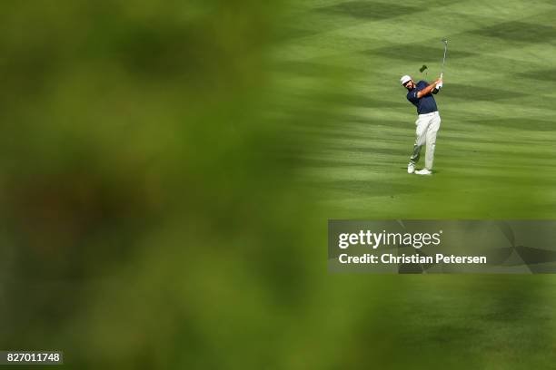 Mark Hubbard plays his second shot on the first hole during the final round of the Barracuda Championship at Montreux Country Club on August 6, 2017...