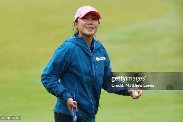 In-Kyung Kim of Korea reacts on the 13th green during the final round of the Ricoh Women's British Open at Kingsbarns Golf Links on August 6, 2017 in...