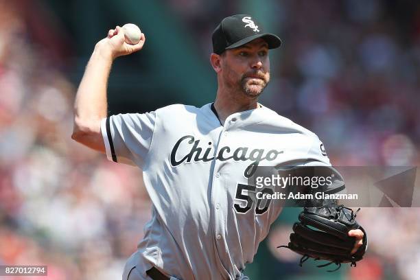 Mike Pelfrey of the Chicago White Sox delivers in the first inning of a game against the Boston Red Sox at Fenway Park on August 6, 2017 in Boston,...