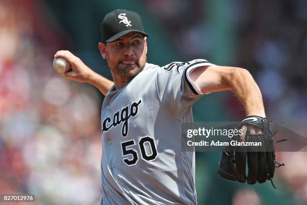 Mike Pelfrey of the Chicago White Sox delivers in the first inning of a game against the Boston Red Sox at Fenway Park on August 6, 2017 in Boston,...