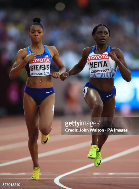 S Deajah Stevens and Great Britain's Daryll Nieta in the Women's 100m Semi Final heat one during day three of the 2017 IAAF World Championships at...