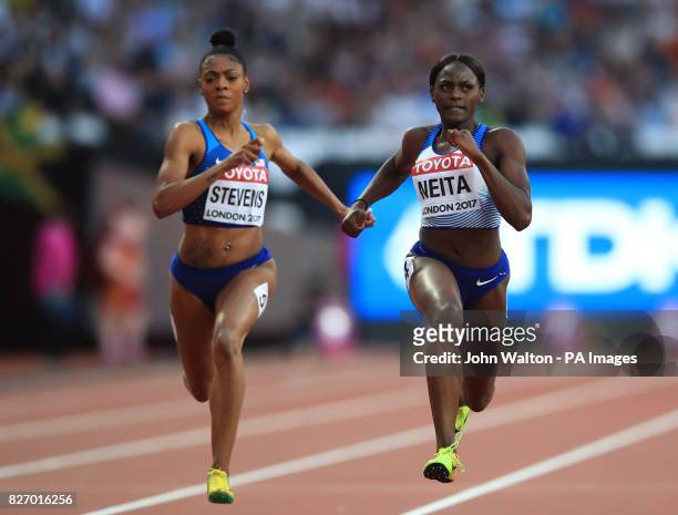 S Deajah Stevens and Great Britain's Daryll Nieta in the Women's 100m Semi Final heat one during day three of the 2017 IAAF World Championships at...
