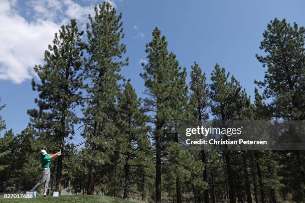 Greg Owen of England plays his shot from the fifth tee during the final round of the Barracuda Championship at Montreux Country Club on August 6,...