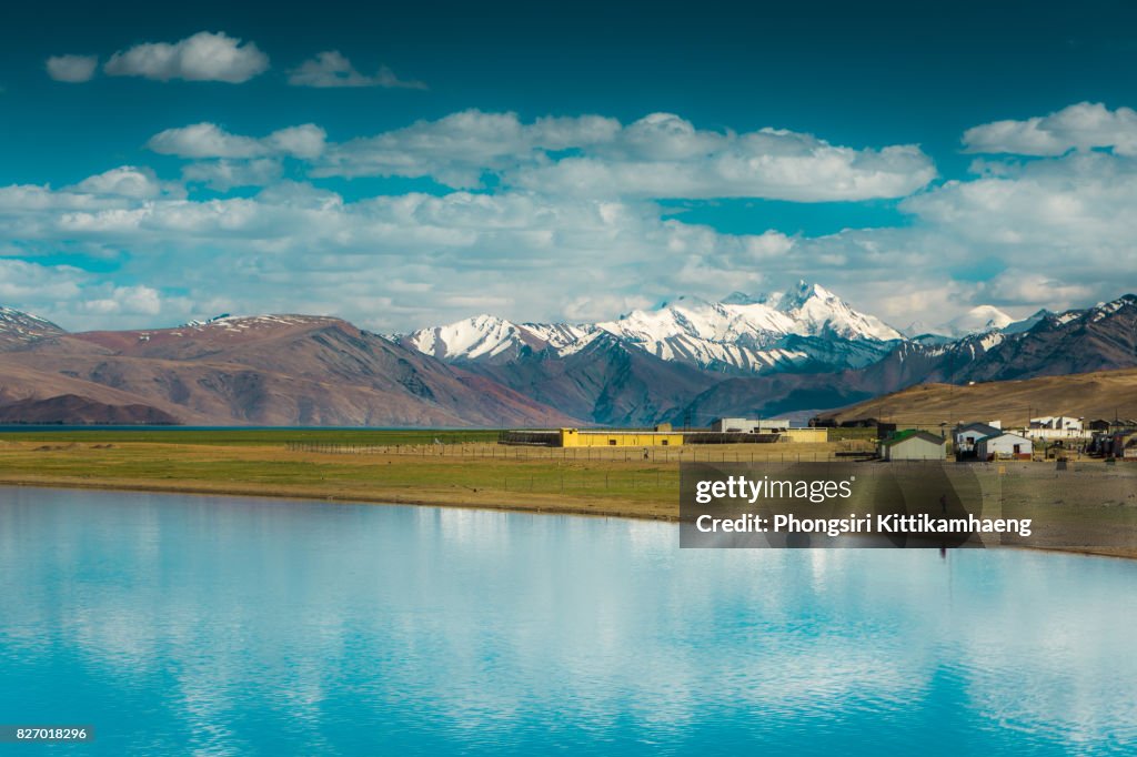 Water Reflection of town and mountain view from Tsomoriri Lake, Leh ladakh, India