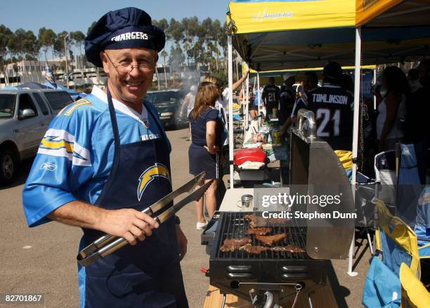 Chargers fan tailgates in the parking lot before the game between the Carolina Panthers and the San Diego Chargers on September 7, 2008 at Qualcomm...