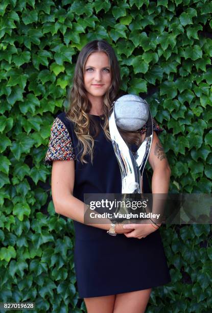 Karolina Pliskova of the Czech Republic poses with the WTA World Number One trophy on August 6, 2017 in Toronto, Canada.