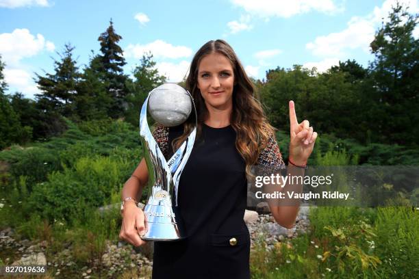 Karolina Pliskova of the Czech Republic poses with the WTA World Number One trophy on August 6, 2017 in Toronto, Canada.