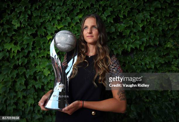 Karolina Pliskova of the Czech Republic poses with the WTA World Number One trophy on August 6, 2017 in Toronto, Canada.