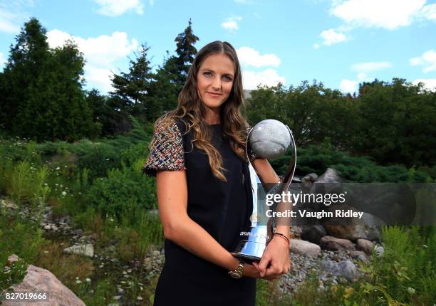 Karolina Pliskova of the Czech Republic poses with the WTA World Number One trophy on August 6, 2017 in Toronto, Canada.