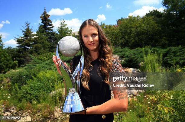 Karolina Pliskova of the Czech Republic poses with the WTA World Number One trophy on August 6, 2017 in Toronto, Canada.