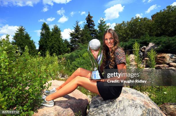 Karolina Pliskova of the Czech Republic poses with the WTA World Number One trophy on August 6, 2017 in Toronto, Canada.