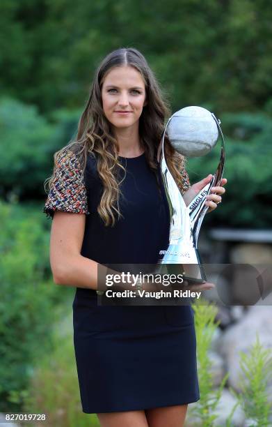 Karolina Pliskova of the Czech Republic poses with the WTA World Number One trophy on August 6, 2017 in Toronto, Canada.