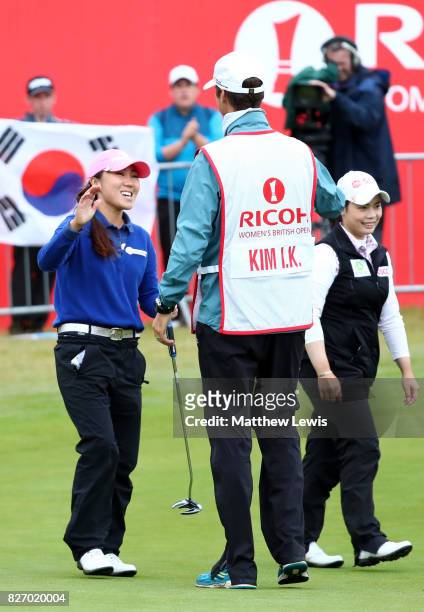 In-Kyung Kim of Korea celebrates victory on the 18th green during the final round of the Ricoh Women's British Open at Kingsbarns Golf Links on...