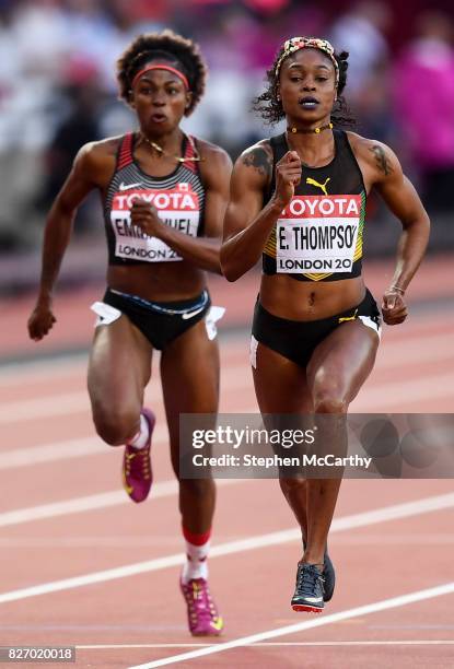 London , United Kingdom - 6 August 2017; Elaine Thompson of Jamaica, right, on her way to winning alongside Crystal Emmanuel of Canada on her way to...