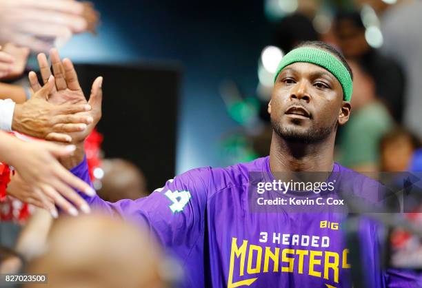 Kwame Brown of the 3 Headed Monsters is introduced during week seven of the BIG3 three on three basketball league at Rupp Arena on August 6, 2017 in...