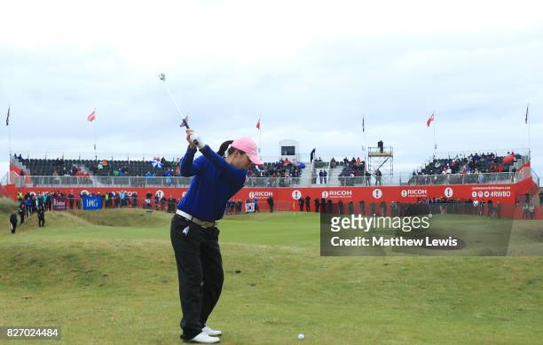 In-Kyung Kim of Korea hits her second shot on the 18th hole during the final round of the Ricoh Women's British Open at Kingsbarns Golf Links on...