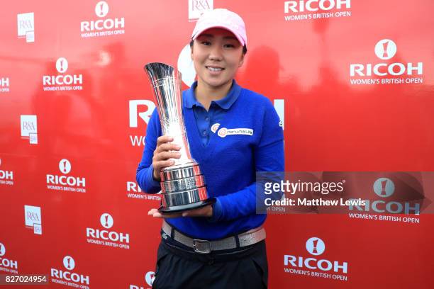 In-Kyung Kim of Korea poses with the trophy following her victory during the final round of the Ricoh Women's British Open at Kingsbarns Golf Links...