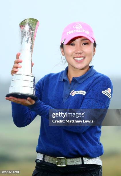 In-Kyung Kim of Korea poses with the trophy following her victory during the final round of the Ricoh Women's British Open at Kingsbarns Golf Links...