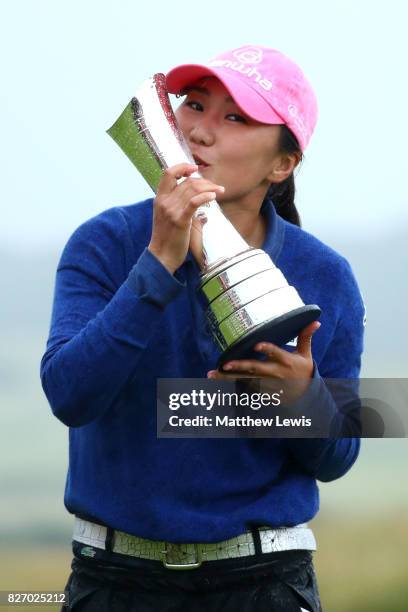 In-Kyung Kim of Korea poses with the trophy following her victory during the final round of the Ricoh Women's British Open at Kingsbarns Golf Links...