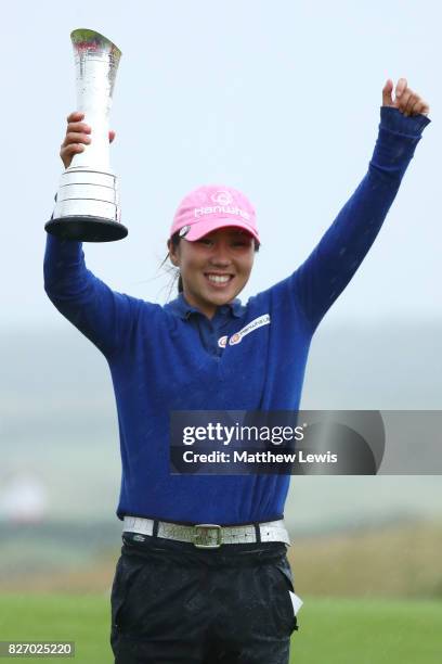 In-Kyung Kim of Korea poses with the trophy following her victory during the final round of the Ricoh Women's British Open at Kingsbarns Golf Links...