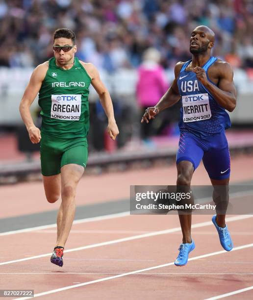 London , United Kingdom - 6 August 2017; Brian Gregan of Ireland, left, and LaShawn Merritt of the USA during their semi-final of the Men's 400m...