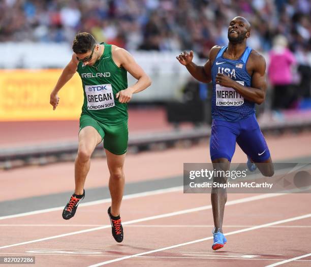 London , United Kingdom - 6 August 2017; Brian Gregan of Ireland, left, and LaShawn Merritt of the USA cross the line during his semi-final of the...