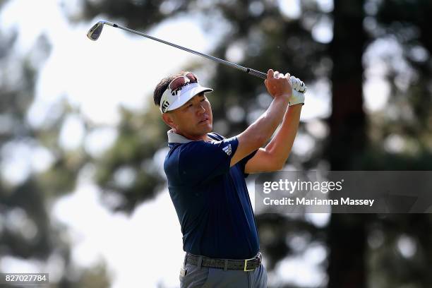 Charlie Wi plays his shot from the third tee during the final round of the Barracuda Championship at Montreux Country Club on August 6, 2017 in Reno,...