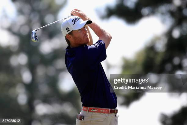 Derek Fathauer plays his shot from the third tee during the final round of the Barracuda Championship at Montreux Country Club on August 6, 2017 in...