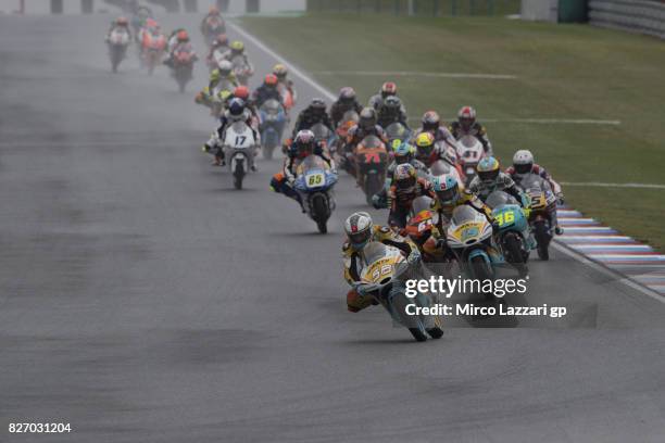 Juanfran Guevara of Spain and RBA BOE Racing Team leads the field during the Moto3 race during the MotoGp of Czech Republic - Race at Brno Circuit on...