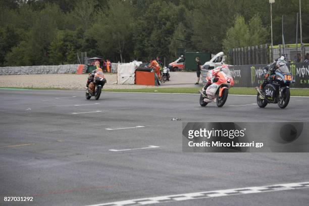 Andrea Migno of Italy and Sky Racing Team VR46 leads the field during the Moto3 race during the MotoGp of Czech Republic - Race at Brno Circuit on...