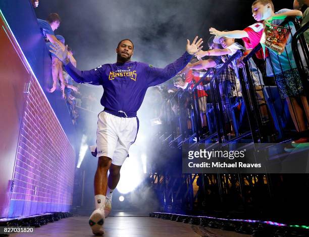 Kareem Rush of the 3 Headed Monsters is introduced to the crowd during week seven of the BIG3 three on three basketball league at Rupp Arena on...