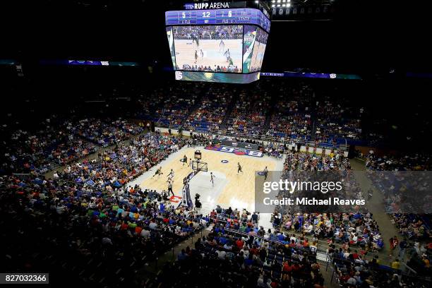 Fans watch the game between the 3 Headed Monsters and the Ball Hogs during week seven of the BIG3 three on three basketball league at Rupp Arena on...