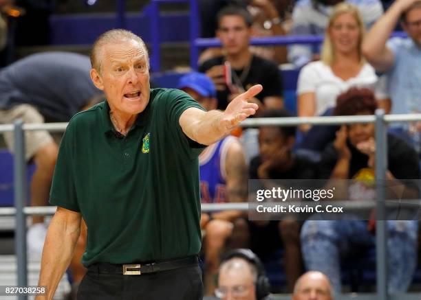 Rick Barry, coach of the Ball Hogs, calls a play during the game against the 3 Headed Monsters during week seven of the BIG3 three on three...