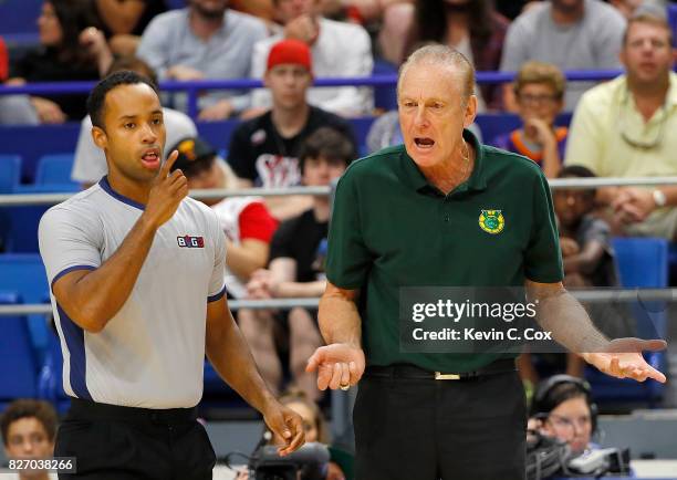 Rick Barry, coach of the Ball Hogs, talks to the referee during the game against the 3 Headed Monsters during week seven of the BIG3 three on three...