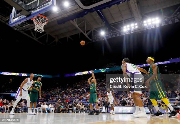 Desmon Farmer of the Ball Hogs shoots a foul shot during the game against the 3 Headed Monsters during week seven of the BIG3 three on three...