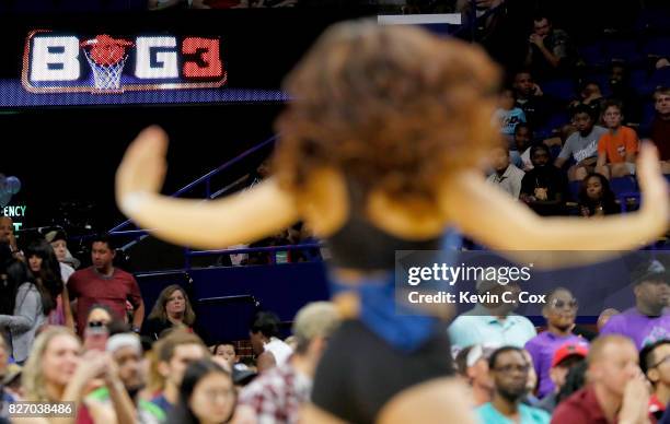 Cheerleader performs during the game between the Ball Hogs and the 3 Headed Monsters during week seven of the BIG3 three on three basketball league...