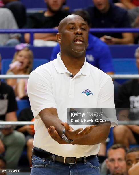 Gary Payton, coach of the 3 Headed Monsters, reacts on the sidelines during the game against the Ball Hogs during week seven of the BIG3 three on...