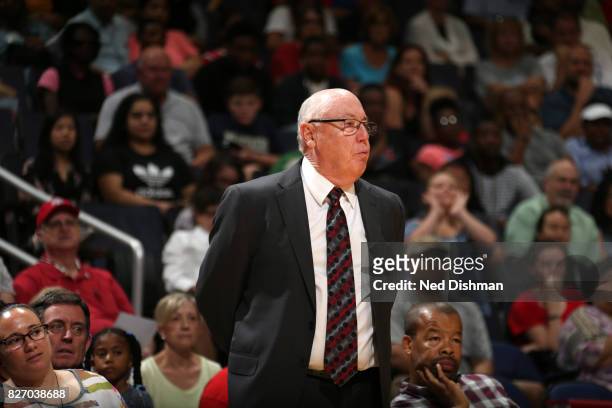 Head coach Mike Thibault of the Washington Mystics coaches against the Phoenix Mercury on August 6, 2017 at the Verizon Center in Washington, DC....