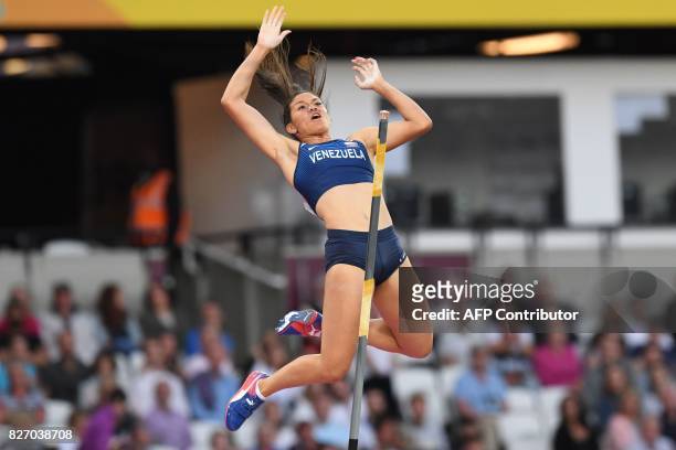 Venezuela's Robeilys Peinado competes in the final of the women's pole vault athletics event at the 2017 IAAF World Championships at the London...