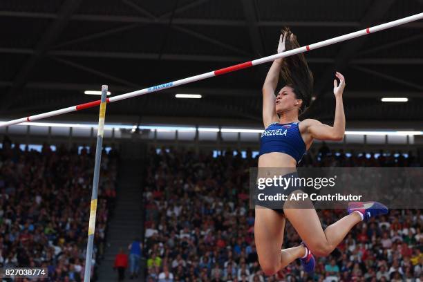 Venezuela's Robeilys Peinado competes in the final of the women's pole vault athletics event at the 2017 IAAF World Championships at the London...